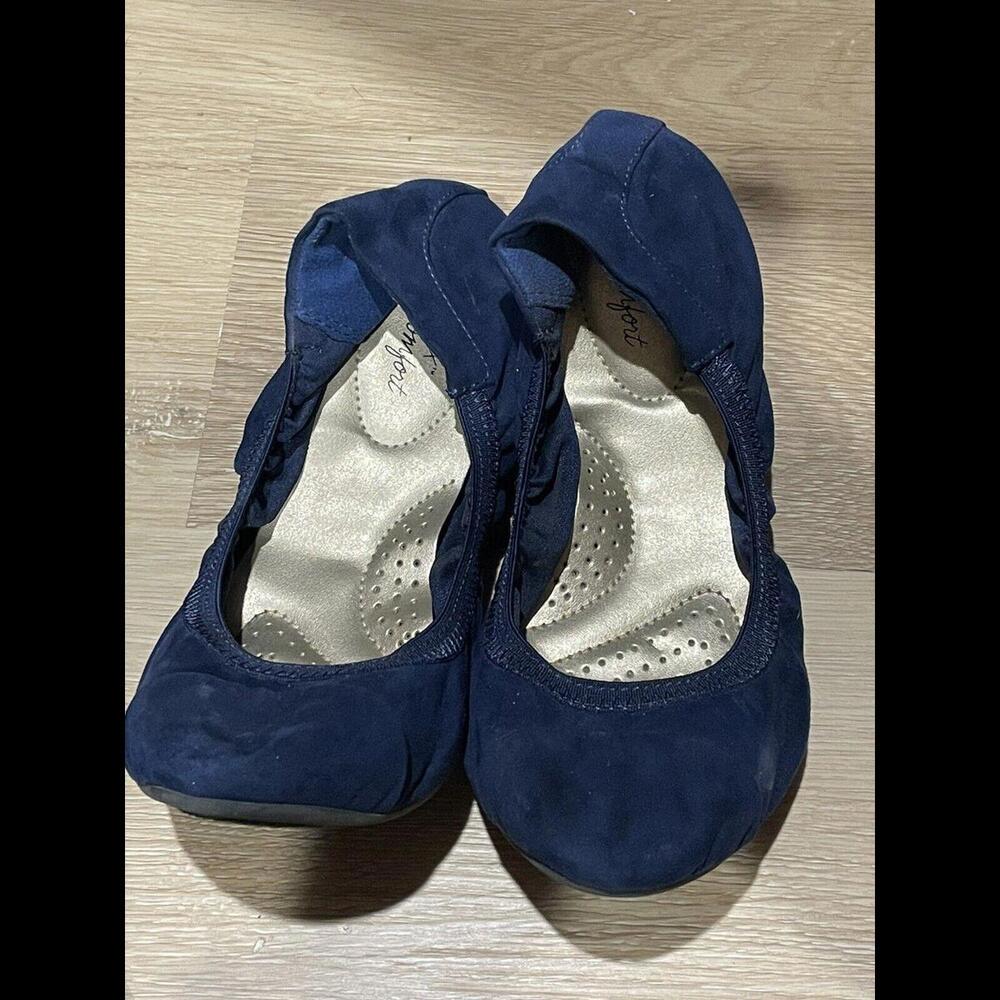 Dexflex Comfort Women's Claire Navy Blue Faux Suede Scrunch Ballet Flat Shoes